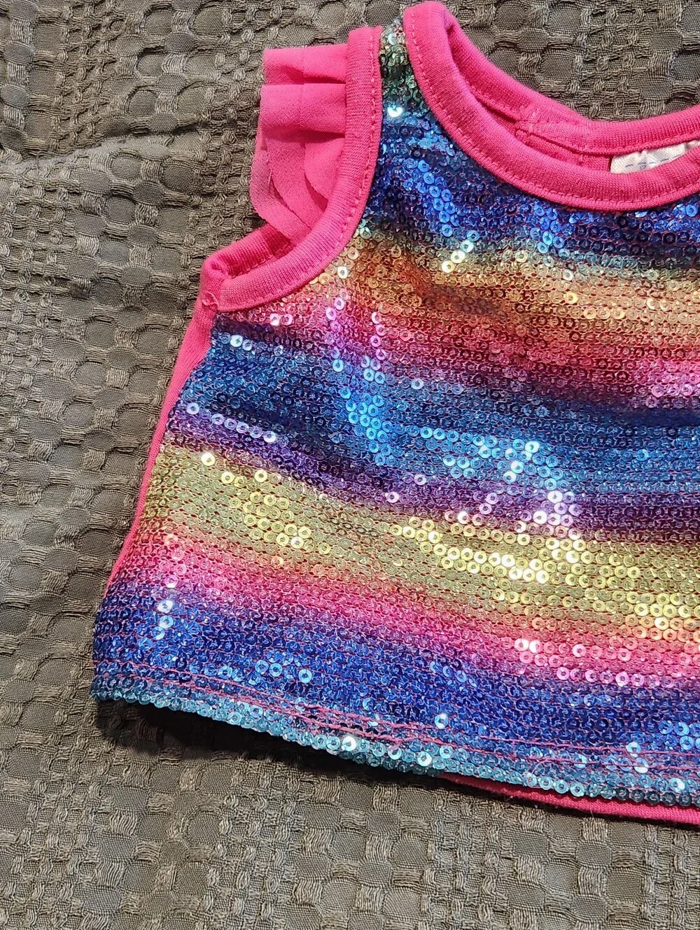 BABW Build A Bear Workshop Pink Rainbow Shimmer Top Shirt Tulle Ruffle Sleeve